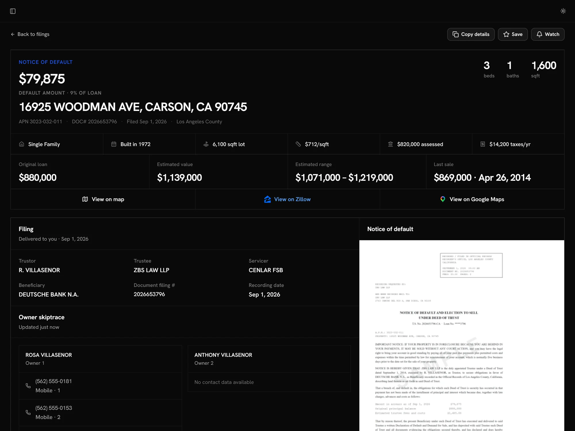 A Notice of Default open in the QuickLeads portal: default amount, address, APN and filing number, the property and its valuation, the trustee and servicer, the recorded document itself, and the owner skip trace underneath.