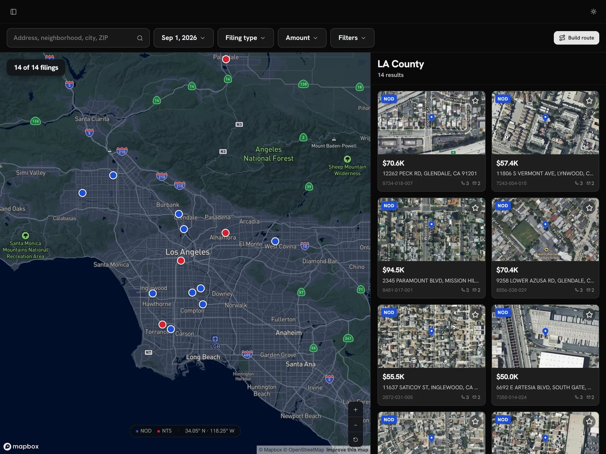 A day of Los Angeles County filings plotted across the county, Notices of Default and Trustee's Sales in different pins, with the matching records listed beside the map.